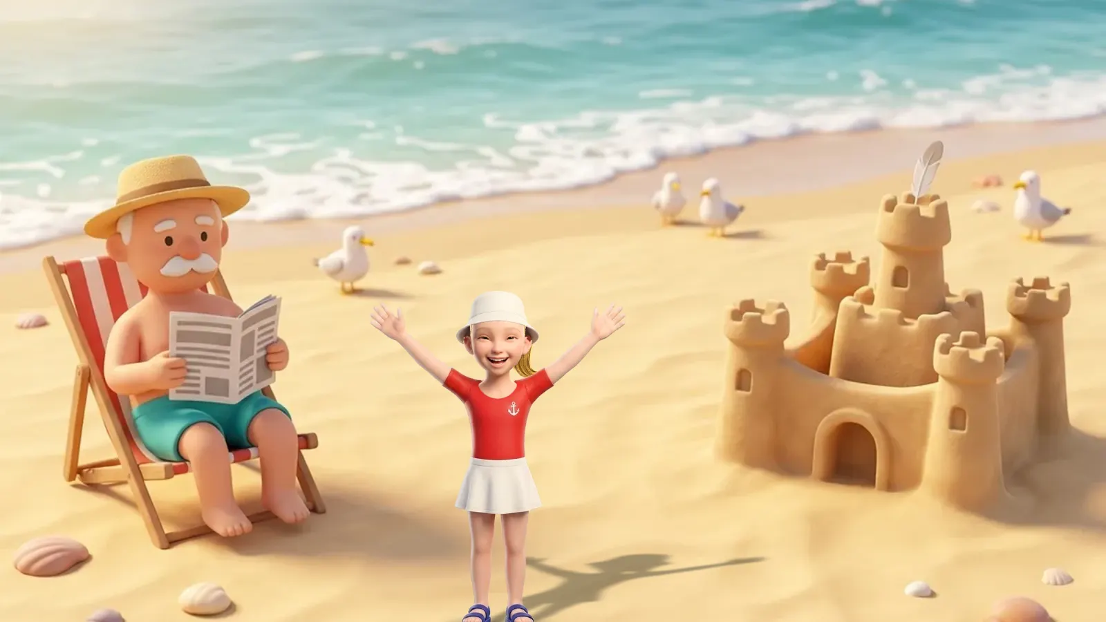 A girl in a white sun hat cheers on a sunny beach next to a big sandcastle, while her grandad reads the paper in a striped deckchair.