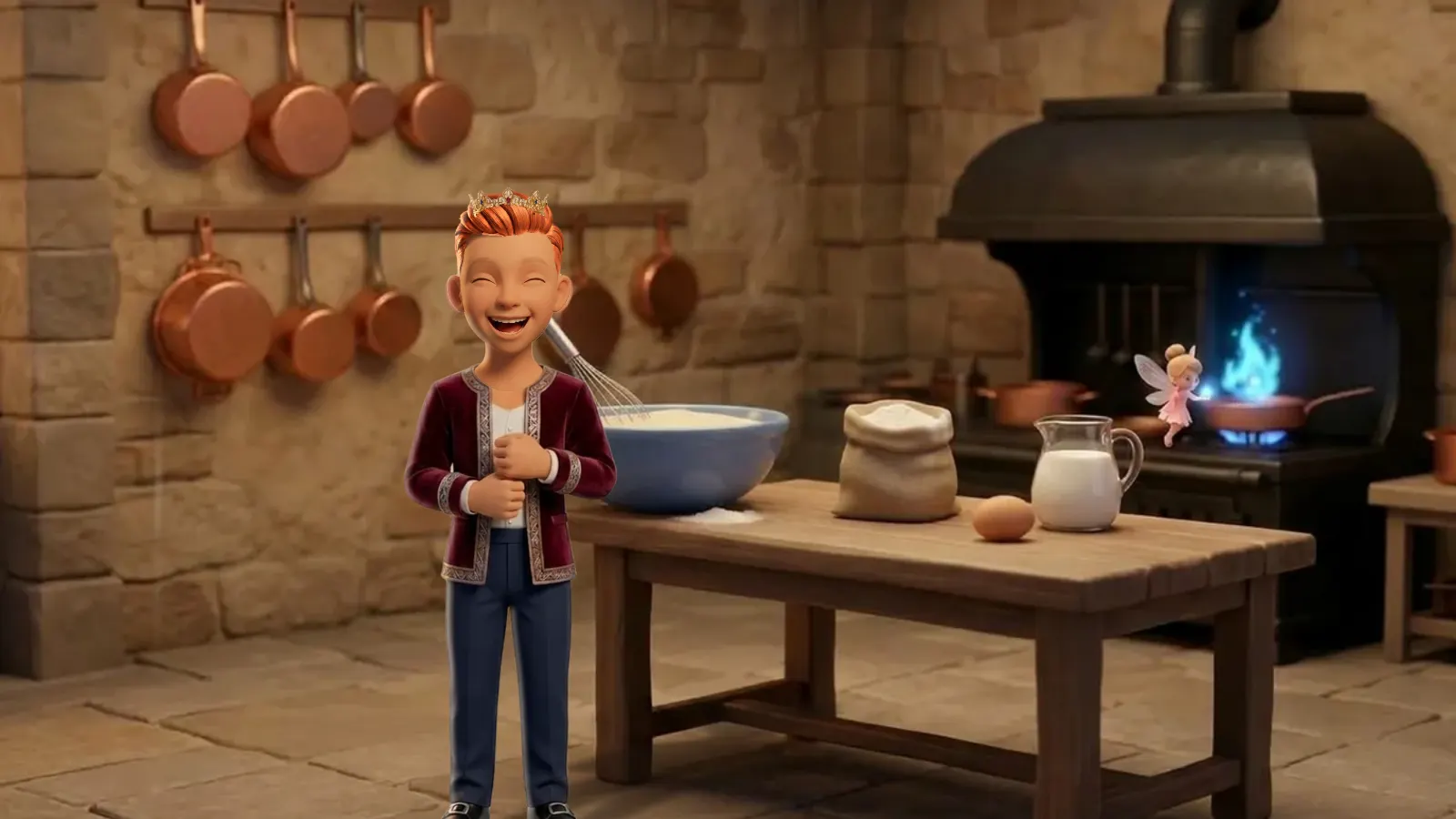 A laughing boy with red hair and a little crown stands in a castle kitchen full of copper pans, beside a table with a mixing bowl, flour and milk, while a tiny fairy sits by the stove.