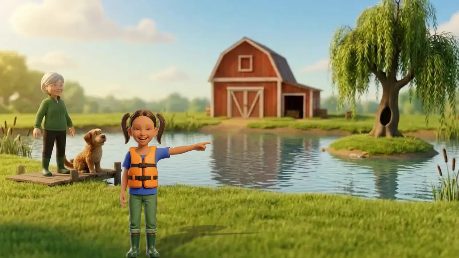 A girl with pigtails in an orange life jacket points across a pond to a little island with a willow tree, while her grandma and a dog wait on the jetty.