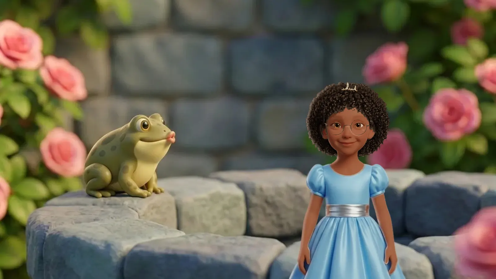 A girl with curly hair and glasses in a blue dress stands by a stone well, with a frog sitting on the edge among pink roses.
