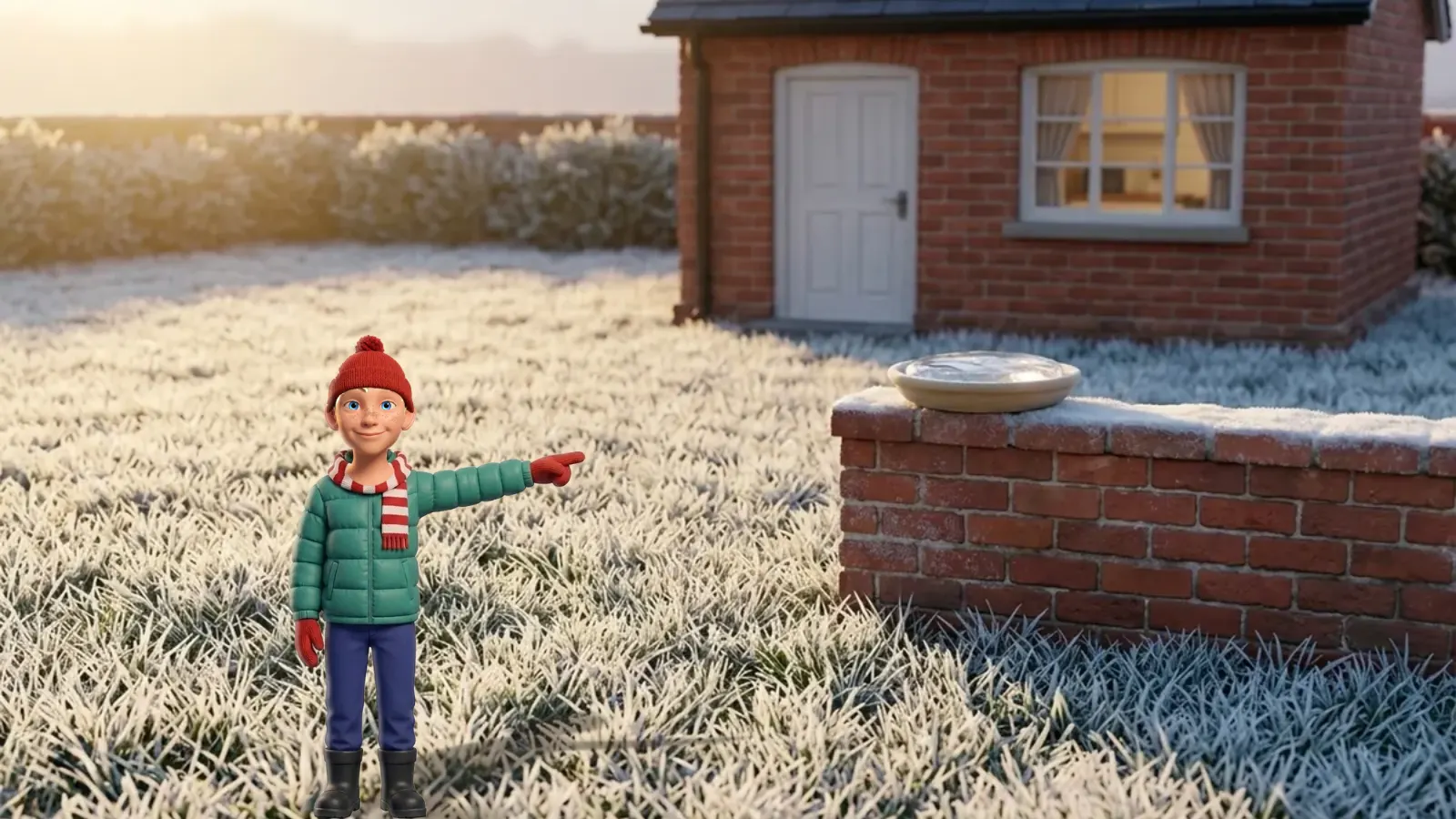 A boy in a red bobble hat and a green coat points across a frosty garden at a shallow dish on a low brick wall.